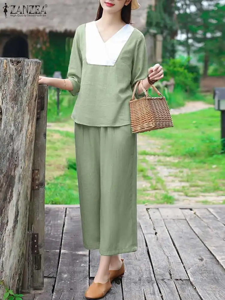 

Женский брючный костюм ZANZEA, повседневный свободный костюм большого размера из топа и прямых длинных брюк с широкими штанинами, 3/4