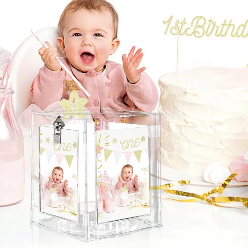 Acrylic Wedding Card Box Rotatable Picture Frame Holder Clear Envelope Letter Money Wishing Well Box For Bridal Toddler Shower