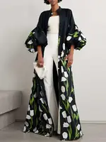 Fashion Elegant Floral Printed Stand Collar Shirts Long Dresses Womens Spring Lantern Sleeves Single-Breasted Trench Coats - Image 2