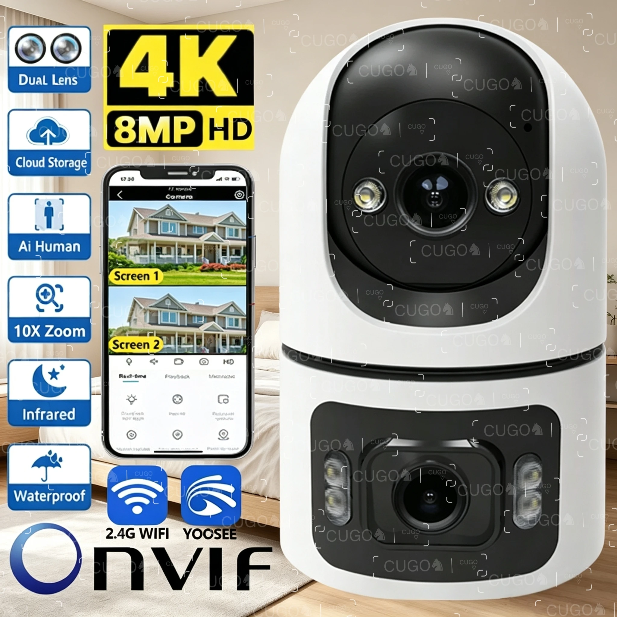 4K 8MP WiFi Surveillance Camera Dual Lens with Adjustable Bracket Two-Way Audio Onvif 10X Zoom Security Wireless Surveillance 1