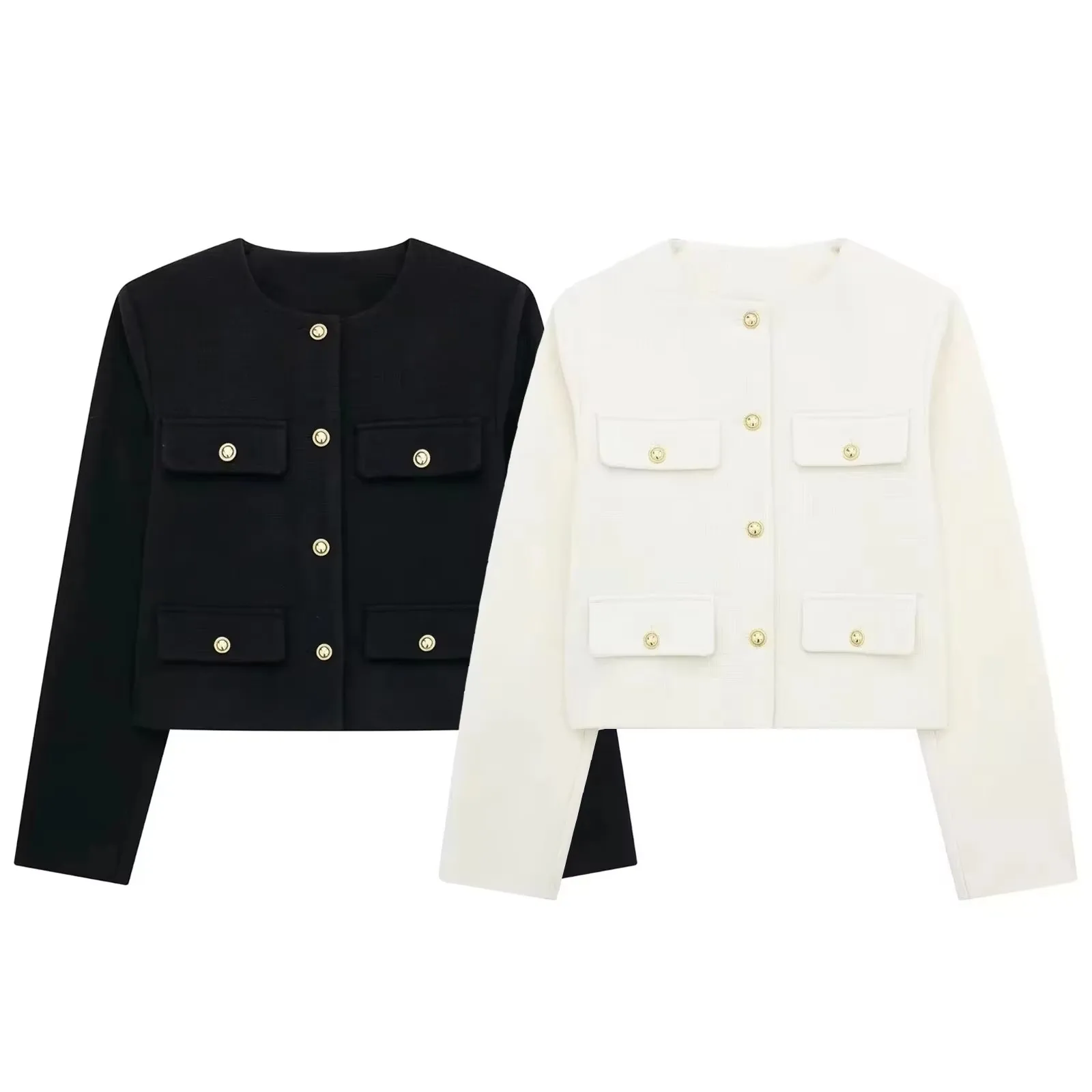 HH Women Elegant Cropped Jacket 2024 Women's Fashion Jacket O-Neck Long Sleeved Flip Pocket Coat Female Casual Outwear Tops