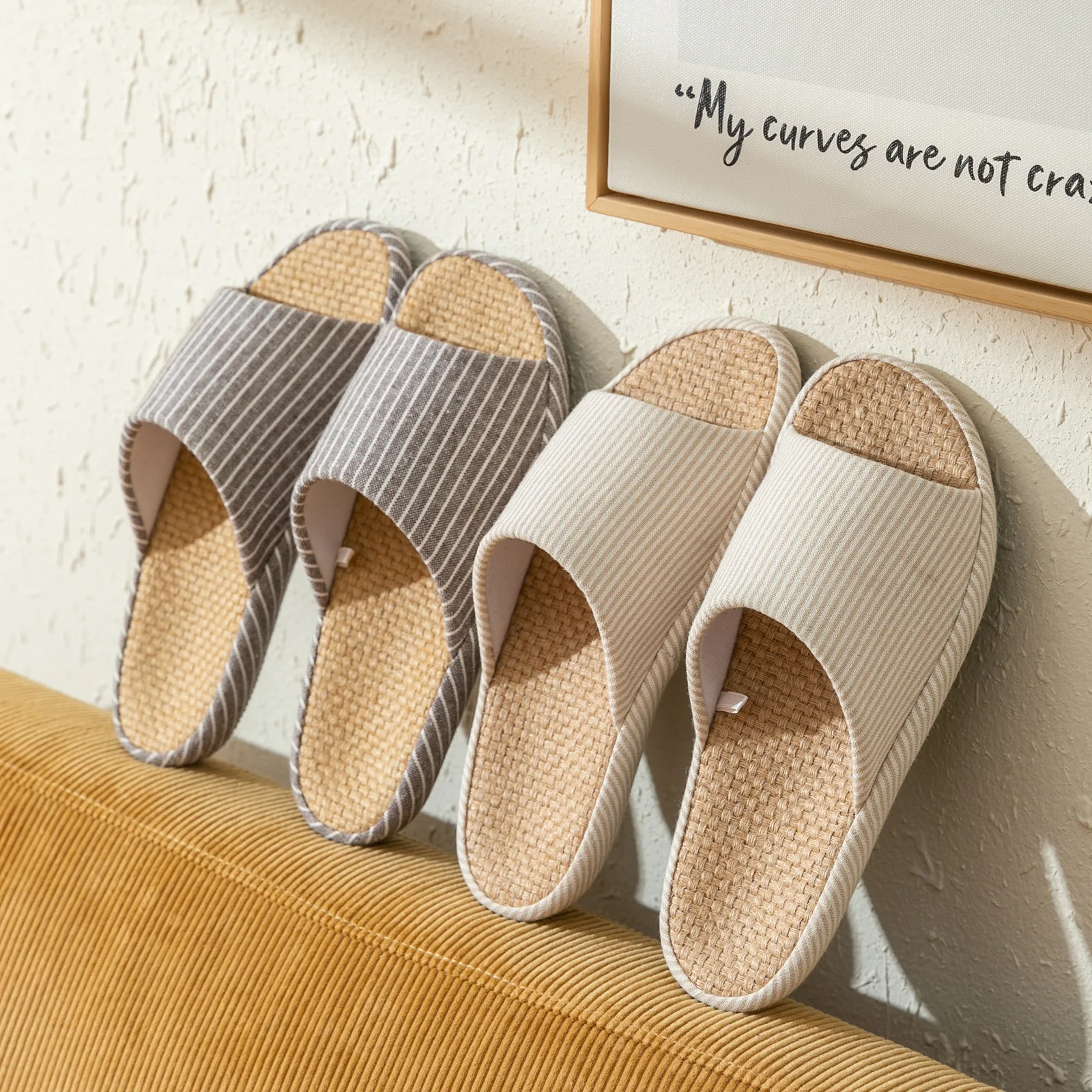 

Couples Linen Slippers Home Quiet Thick Sole Open Toe Breathable Floor Household Slippers