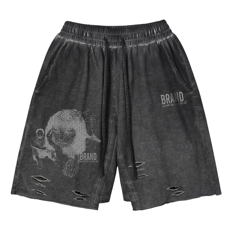 

American Vintage Fashion Brand Hip Hop Y2K Gothic Shorts for Men's Summer New Wash Old Loose Cotton Capris
