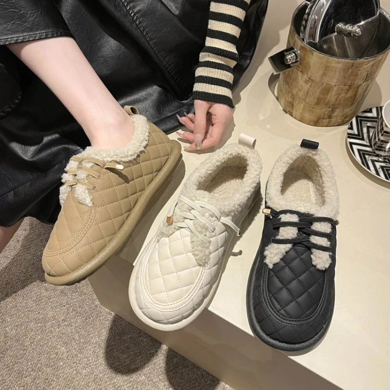 Women's Casual Shoes Round Head Flat Short Plush Inside 2023 Winter New Warm Korean Women's Shoes Zapatos Para Mujeres 36-40