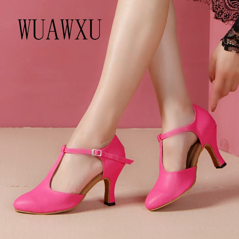 NATASHA Dance Shoes Women Adult Genuine Leather White/Rose 8CM Medium High Heels Indoor Soft Sole Square Dance National Standard