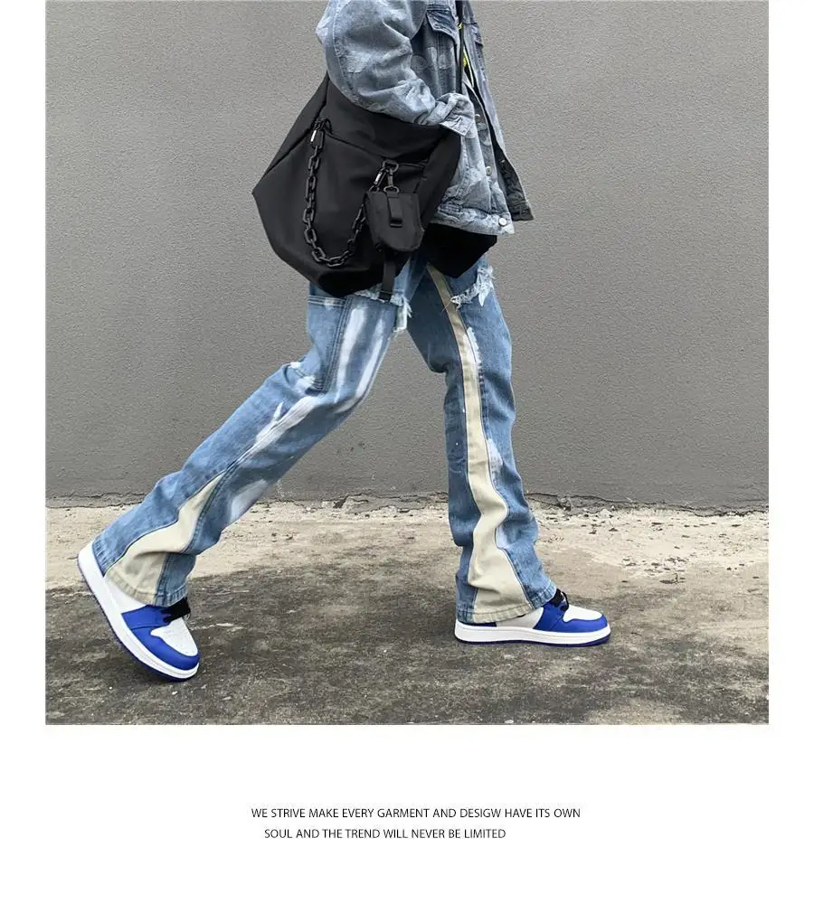 New Jeans High Street Do Old Brush Paint Hand-painted Stitching Jeans Men And Women Vibe Wind Straight Loose Micro Flared Pants