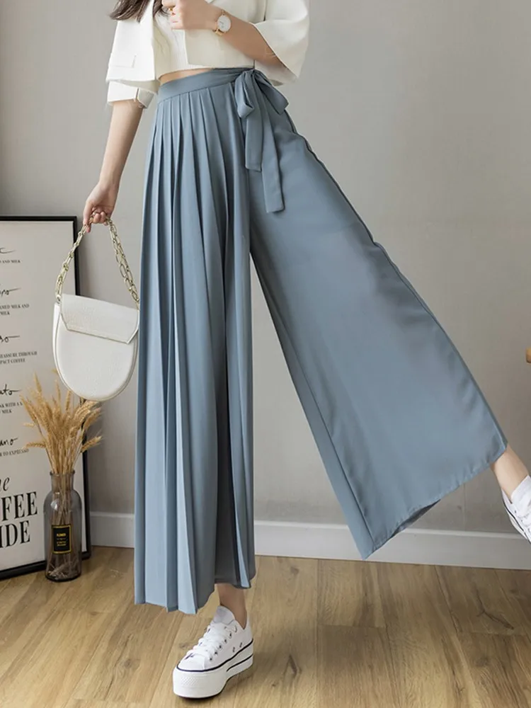 Summer Chic Chiffon Pants Women Pleated Draw String Waist Wide Leg Trousers Women Elegant Streetwear Office Lady Work Culottes