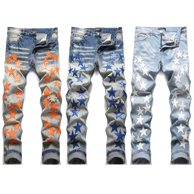 

Slim Jeans Mens Fashion Star Embroidery Jeans Punk Ripped Jans Skinny Jeans
