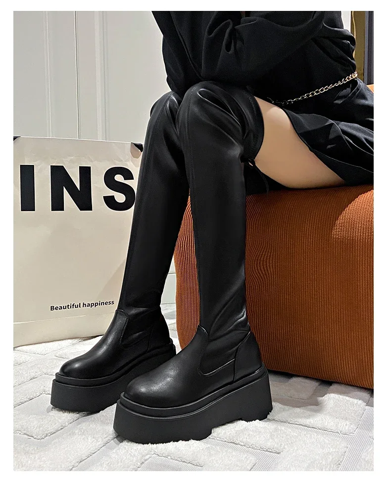 

Women Over The Knee High Boots Motorcycle Chelsea Platform Winter Fashion PU Leather Sexy Long Ladies Shoes Big Size