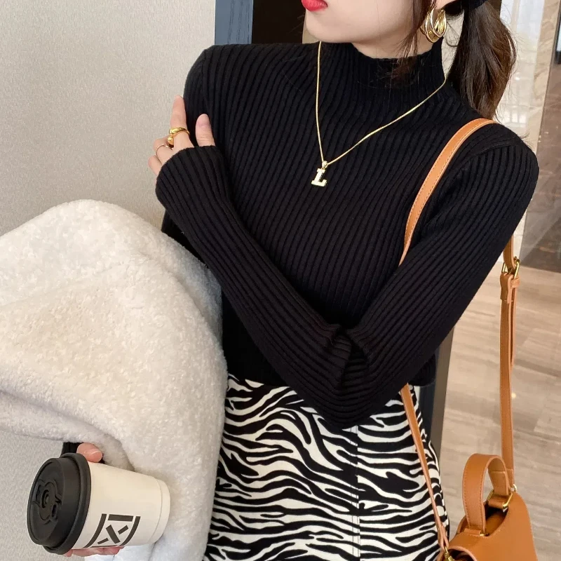 Autumn and Winter Semi High Neck Knitted Sweater Solid Color Long Sleeved Pullover Tight Fitting Slimming Top 118