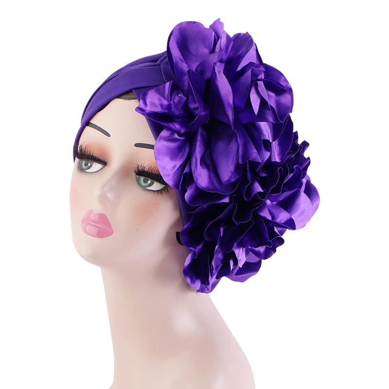 Women Turban Double Big Flower Solid Color Fahion Ready to Wear Muslim Headwrap Hijab India Cap Party Gift Bandanas for Ladies women large flower stretch satin lined turban hat wedding party headwear muslim hat ladies hair accessories india hat chemo cap