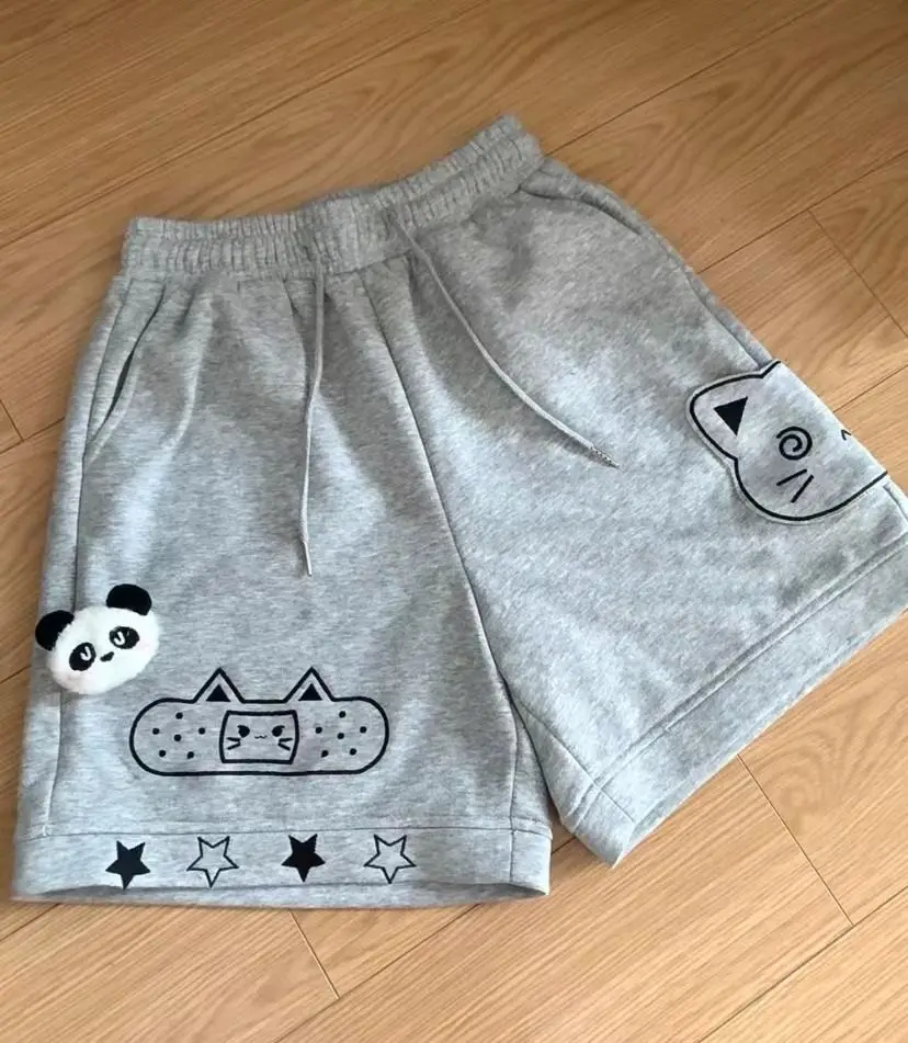 Summer Shorts for Women Cartoon Patchwork Elastic Waist Wide Leg Pants Japanese Casual Pantalones Cortos De Mujer 2026 Bottoms