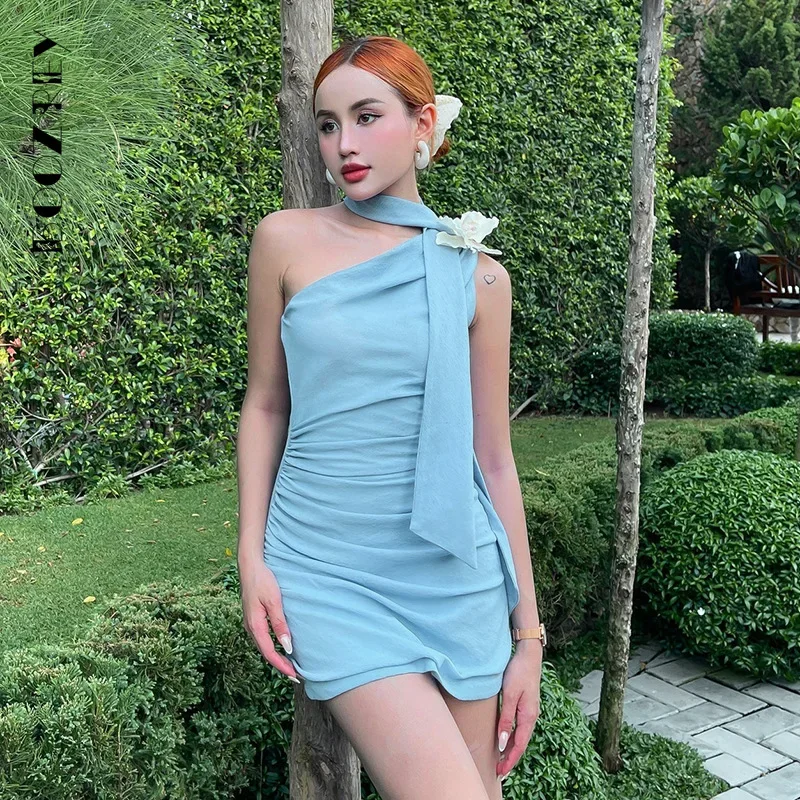 

Однотонные платья BoozRey без рукавов со складками, облегающий пуловер с диагональным воротником, пикантная уличная одежда с запахом на бедрах для женщин