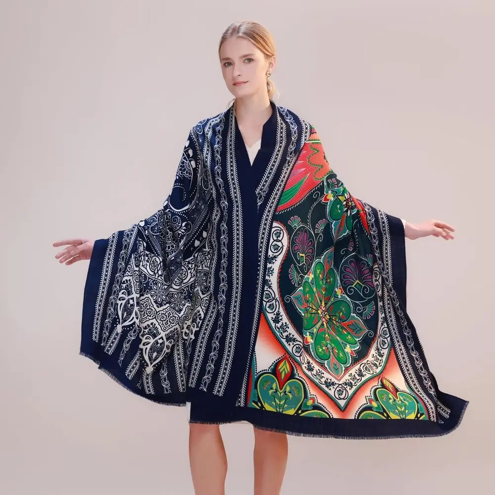 Reversible Merino Wool Pashmina Shawl-Extra Large, Soft for Women's Dresses & Travel