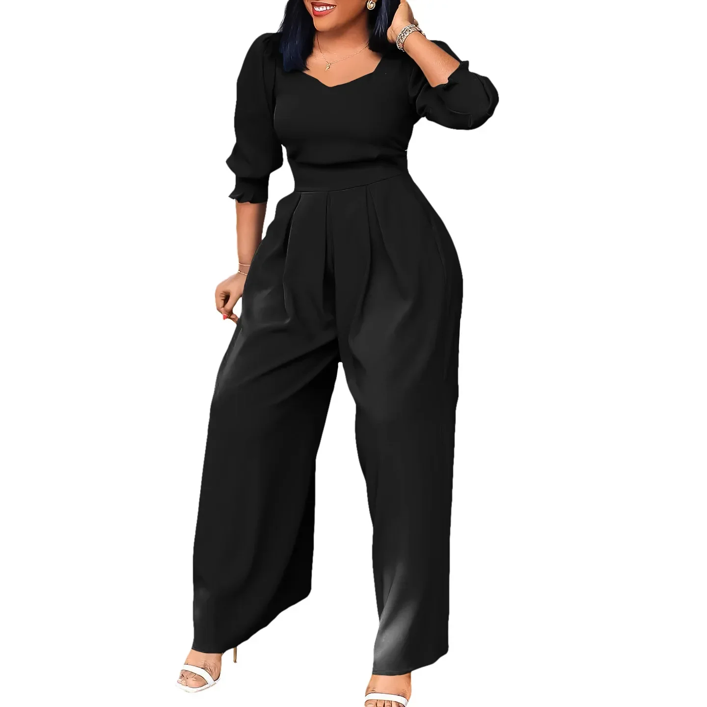 Jumpsuits for Women 2024 Elegant Women V Neck Three Quarter Sleeves Tunic Wide Leg Ankle-Length Commute Chic Evening Clothing