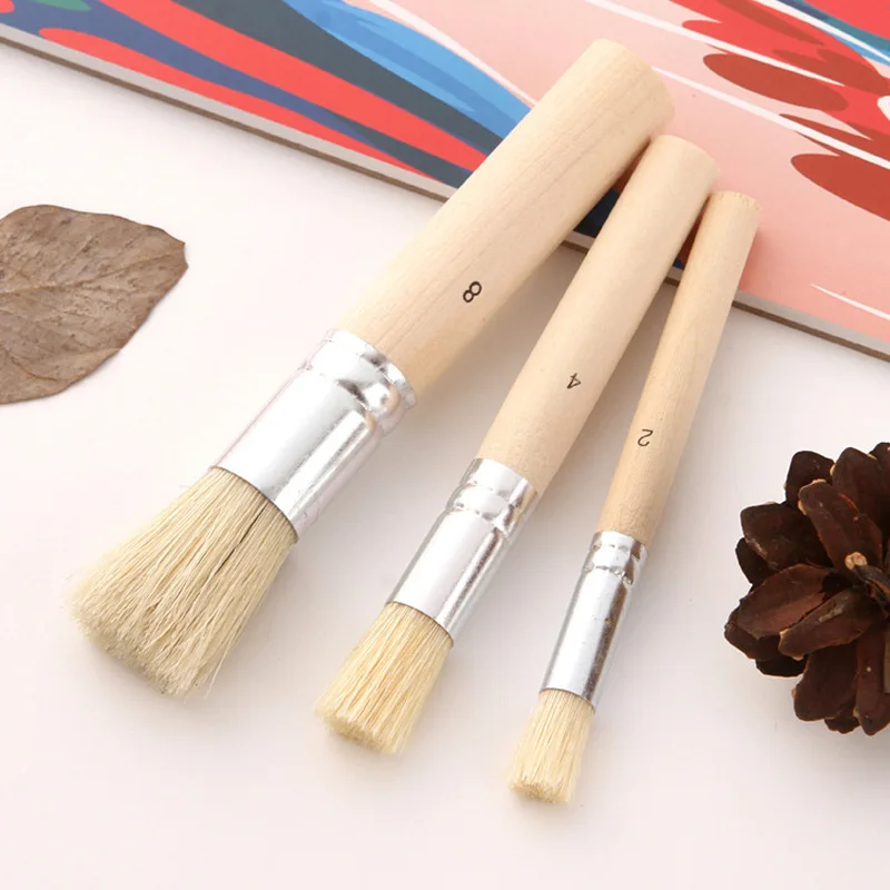 

3Pcs Wooden Handle Watercolor Painting Stencil Brush Hog Bristle Acrylic Oil Painting Brushes Student Professional Art Supplies