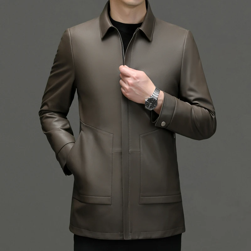 

Autumn and Winter New Men's Business Slimming Trend Italian Style Fashion Solid Color Casual Dermis Leather Jacketsheepskin Coat