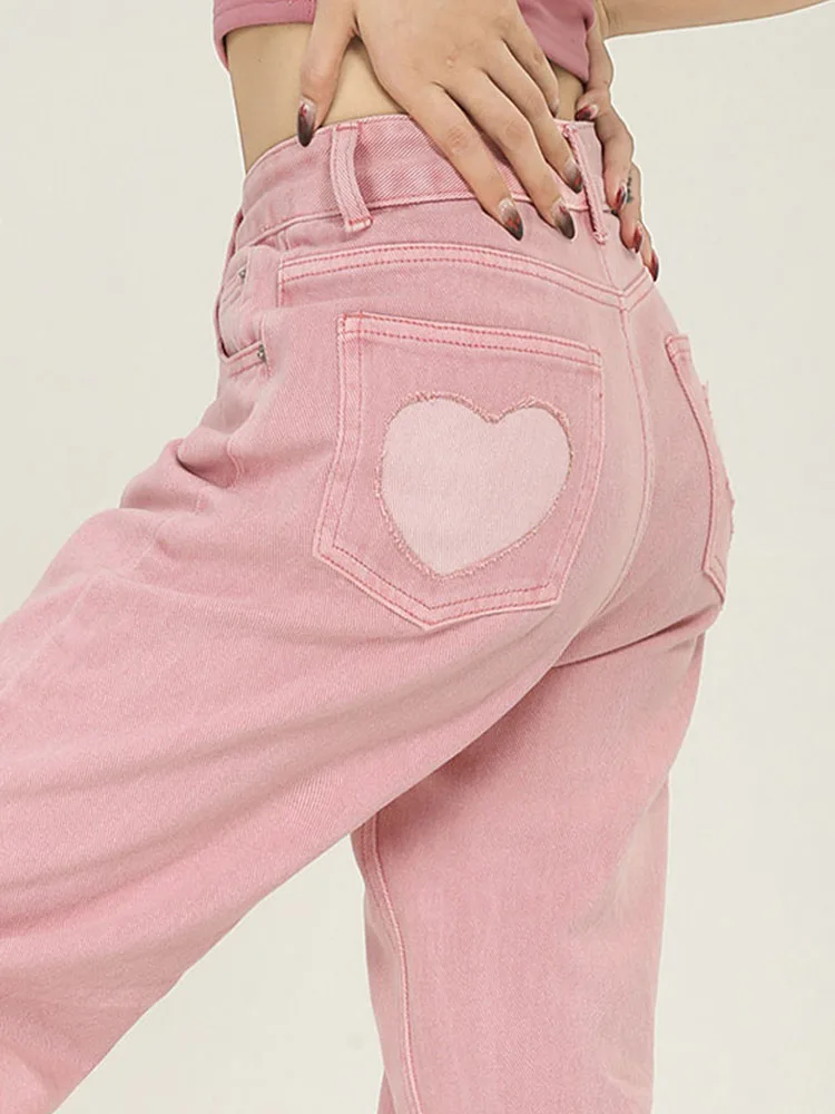 

Straight Leg Trousers High Waist Y2k Women's Jeans Pockets Baggy Casual 90s Streetwear Fashion Female Pink Wide Leg Denim Pants