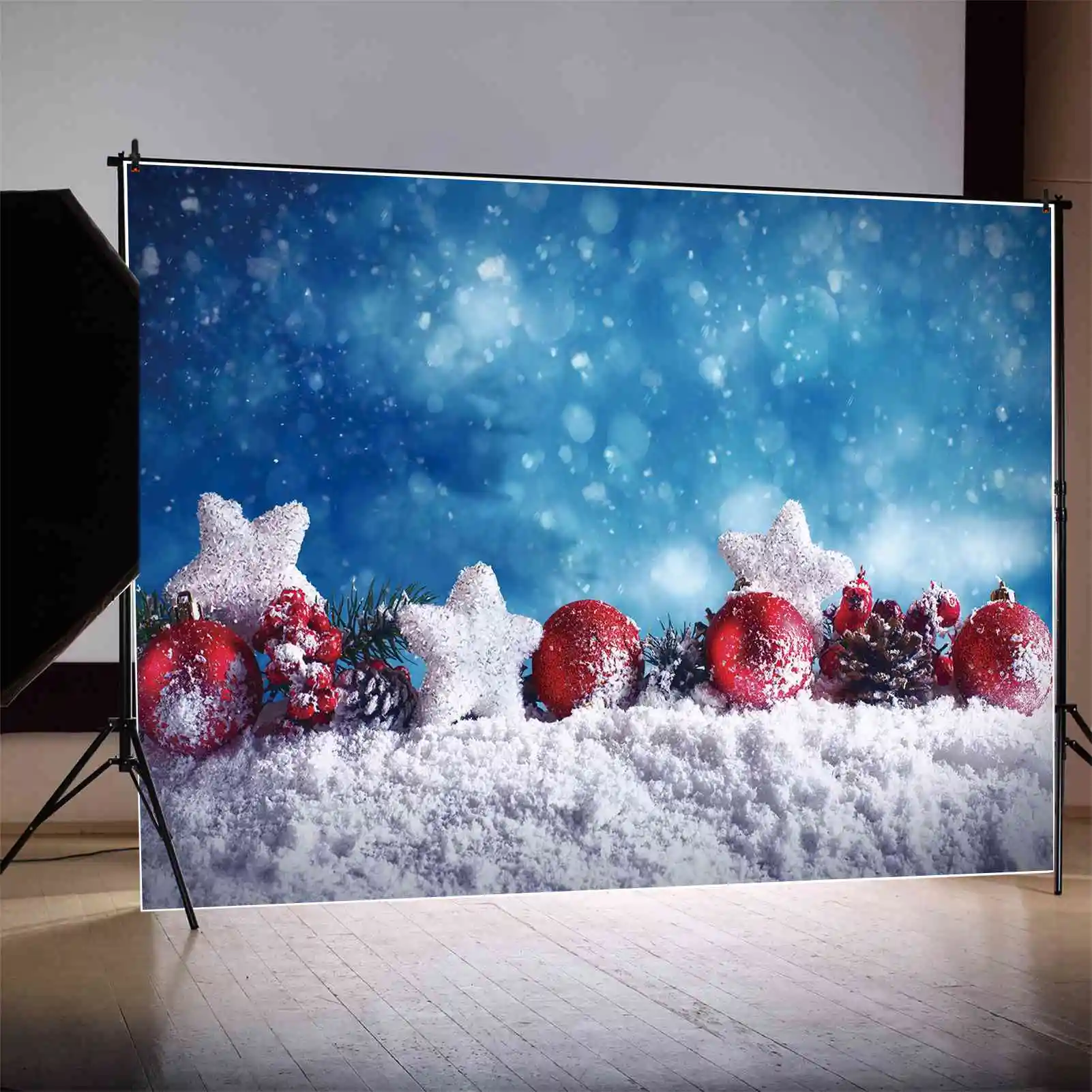 Moon.Qg Fotografia Sfondo Decorazione Natalizia Red Ball Bean Snow Star Sfondo Blue Light Bokeh Spot Wall Photo Booth Prop