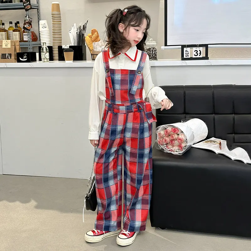 

Teen Girls clothes sets Vintage Long Sleeve Top+Plaid Jumpsuit Overalls Outfits Spring Fall vetement Suit for Kids 11 12 13 14