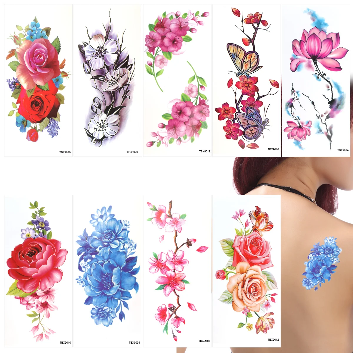 

9 Sheets Cartoon Stickers Temperary Tattoos Waterproof Temporary for Adults Flower Miss