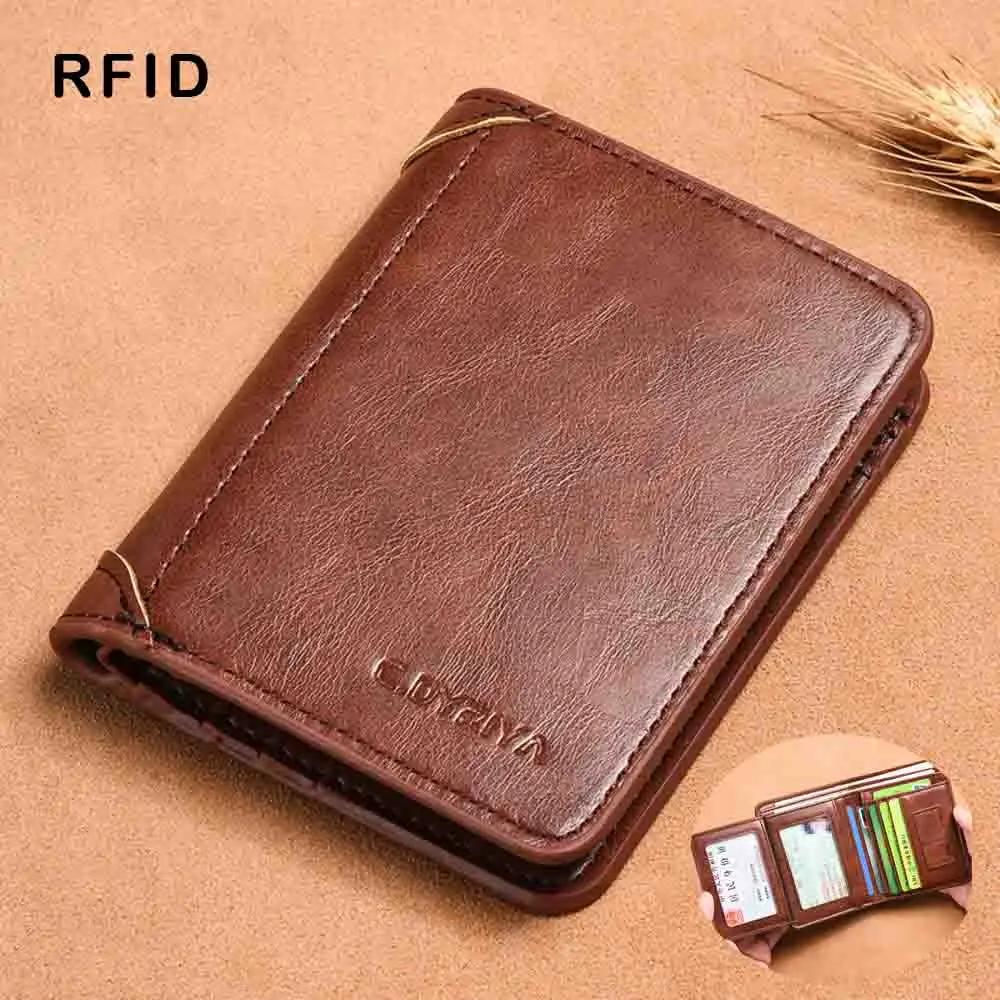 Leather Wallet Slim Wallet Card Wallet Credit Card Holder RFID Men Wallet Genuine Leather Blocking Trifold Wallet Vintage Thin Short Multi Function ID Credit Card Holder Male Purse Money