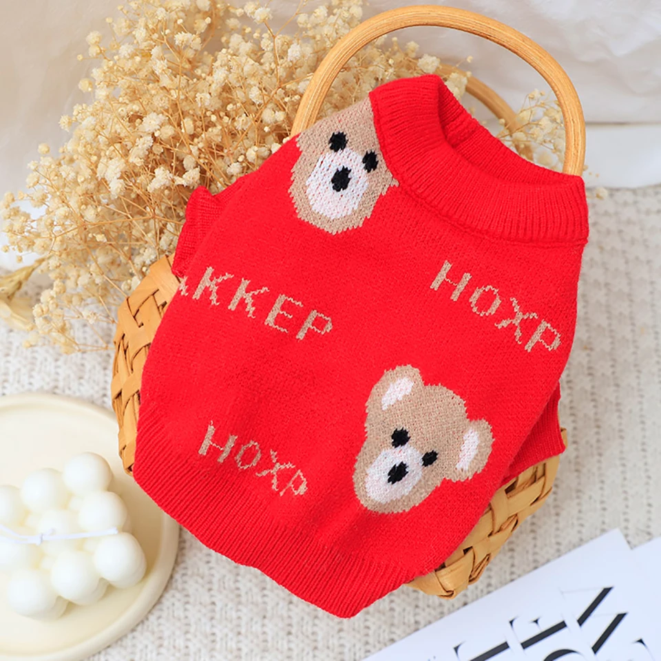 New-Year-Dog-Clothes-Red-Festive-Puppy-Sweater-Pet-Cartoon-Pullover-Bear-3-Knitwear-Autumn-and.jpg Újévi Kutya Ruhák Piros Ünnepi Kiskutya Pulóver Kisállat Rajzfilm Pulóver Medve 3 Kötöttáru Őszi És Téli Melegebb, Mint A Medve - Image 2