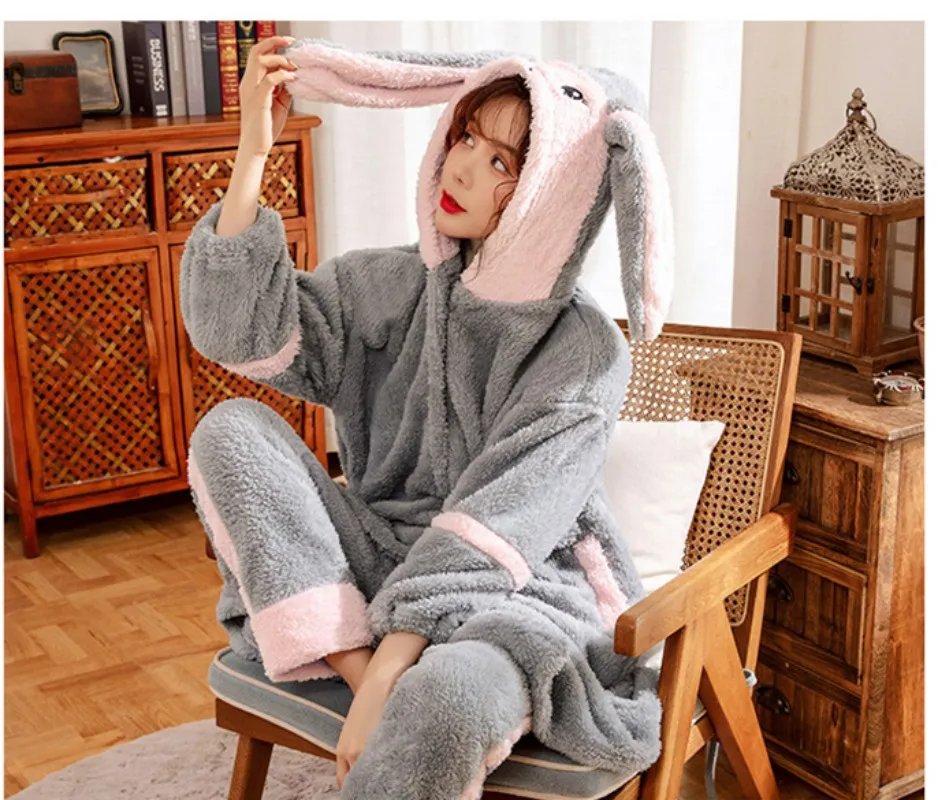 Lady's Winter Warm Thin Pajama Suit Length To The Ankle Polyester Comfortable Cute Cartoon Leisure Wear With Two Long Ears