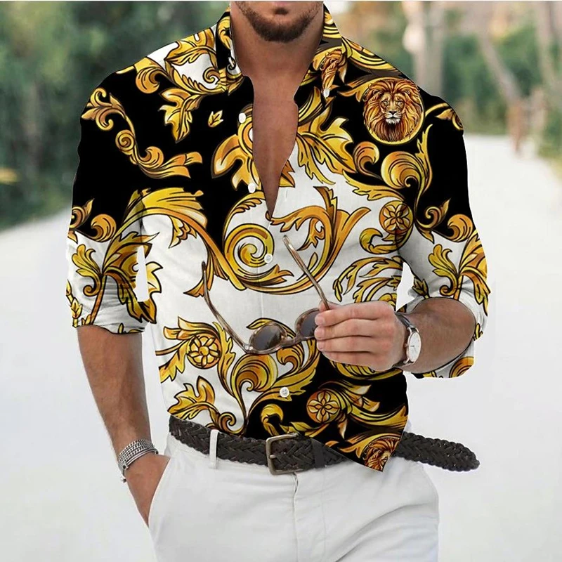 thumbnail image 1 of Camisa de manga larga informal con cuello vuelto y estampado de estilo lujoso para hombre, ropa de calle de moda, tops de tendencia, ropa para hombre, 1 of 4