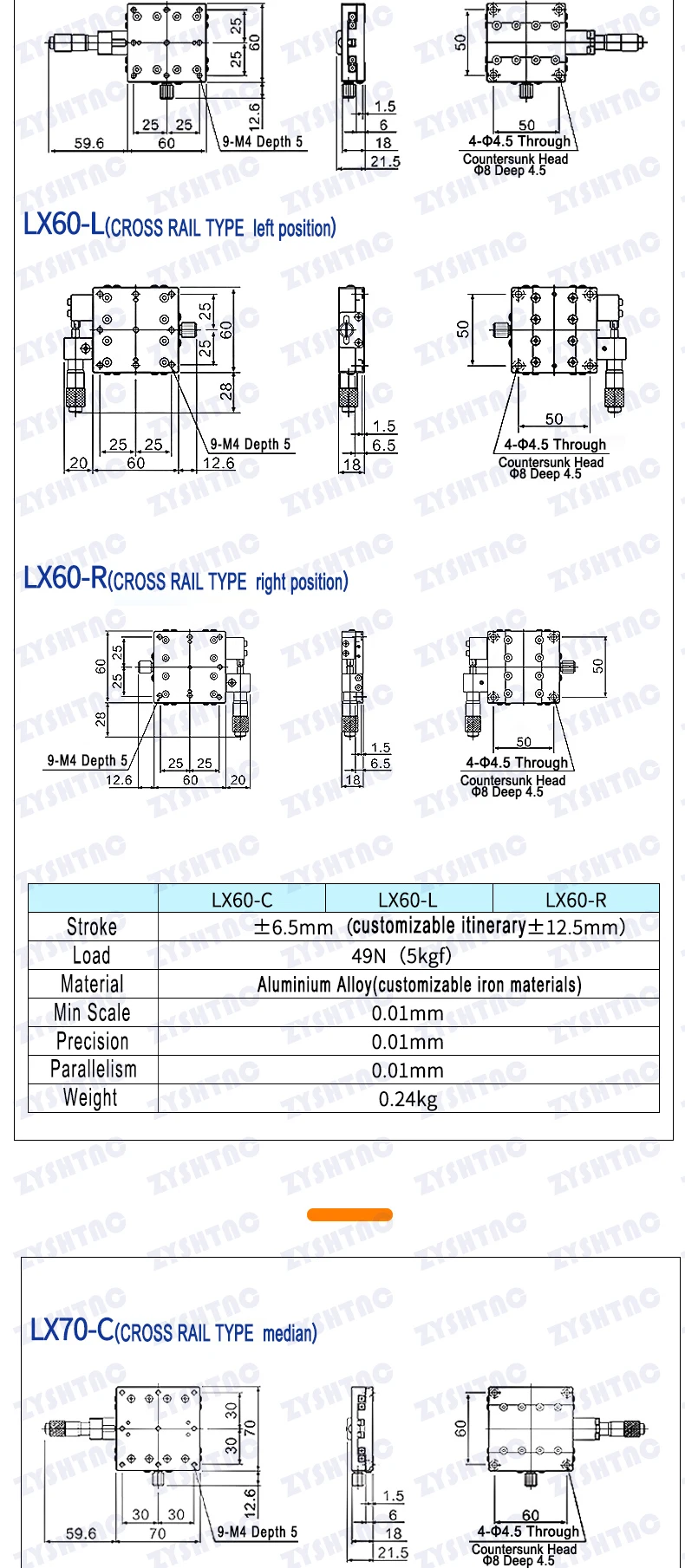 X-Achsen-Plattform mit optischer Verschiebung, Plattform mit hoher Feinabstimmung, Knopf, Mikrometer, Kreuzführungsstufe, LX40/60, LGX40/60, 40 x 40 mm, 60 x 60 m – Detail 9