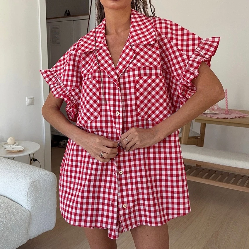 Linad Office Single-Breasted Shirts Elegant Plaid High Waist Shorts With Button Up Shirts 2 Piece Set Street Chic Outfits Summer