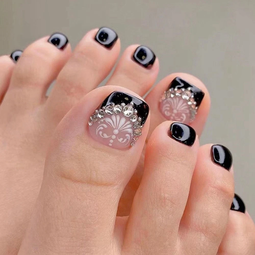 Fashion Rhinestones Toes False Nails Press on Nails French Square Head Fake  Nails Manicure Patches with Designs Bowknot Toenails| | - AliExpress