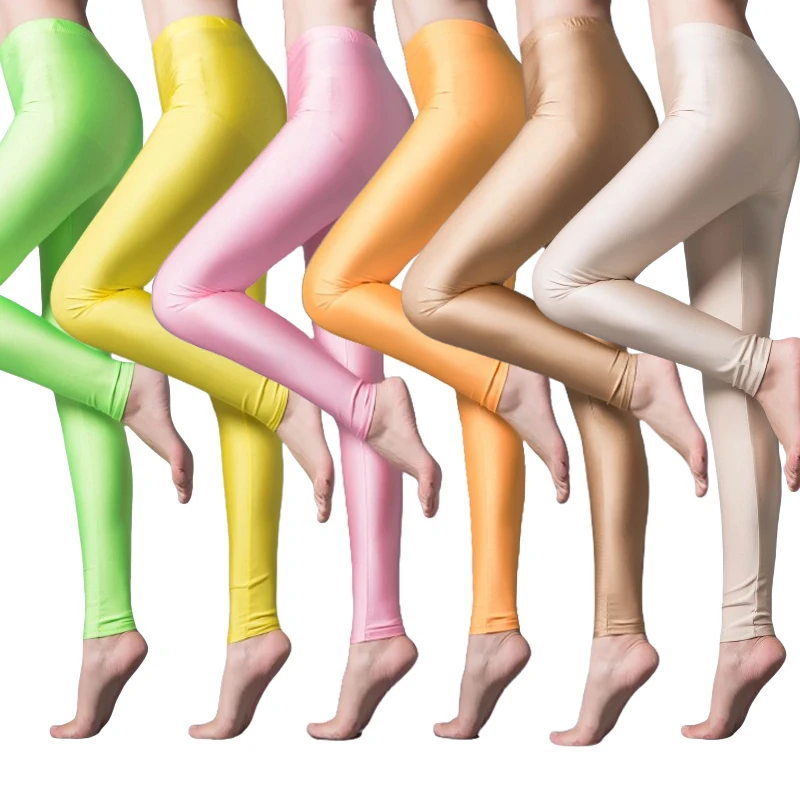 Women's Leggings Neon Green Neon Yellow Show Slim Shiny High Stretch Push Up Pants Performance Glossy Opaque Show Tights 50-80kg