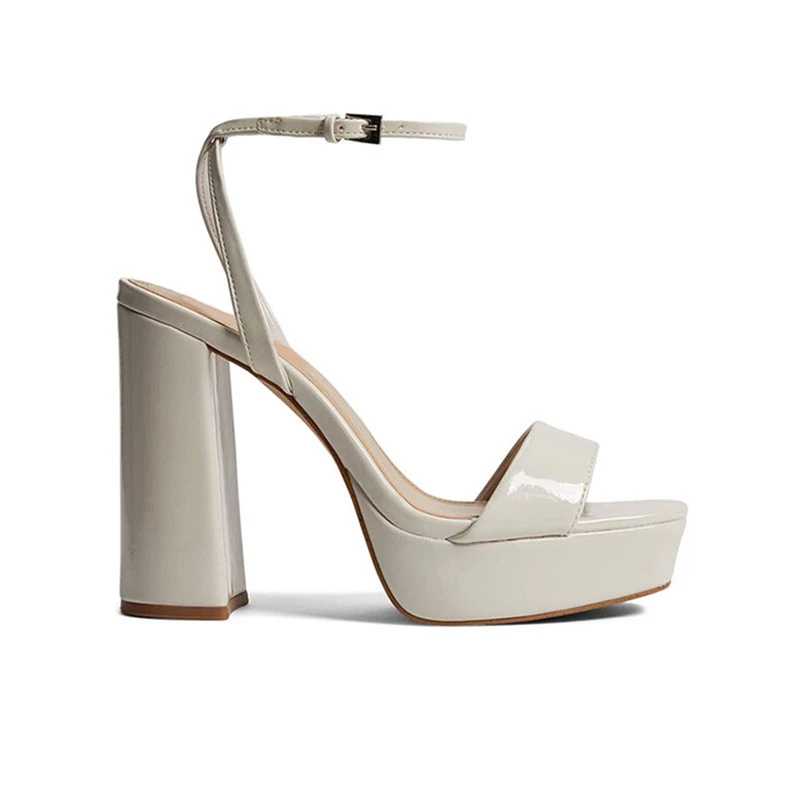 

Solid Color Square Toe Super High Heels Ankle Strap Sandals Patent Leather Thick Heels Chunky Platform Soft Sole Women Sandals