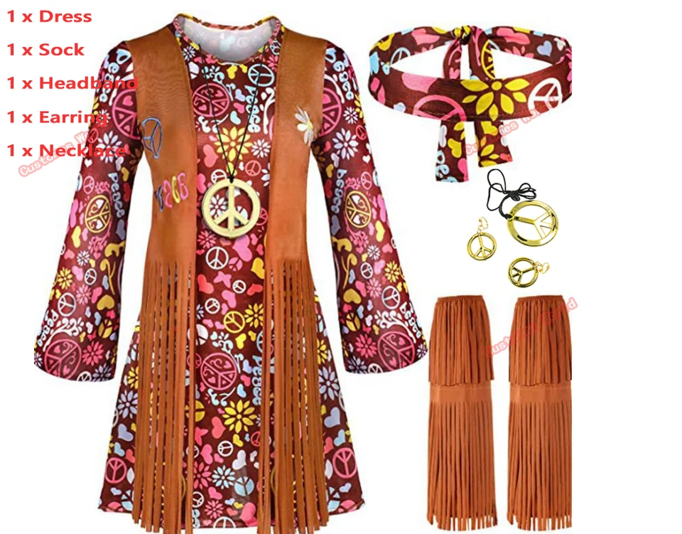 Vestido Hippie Mujer Conjunto De * Hippie De * 60 Y 70 Para Mujer, Disfraz De Vestido Disco, Calcetines * El Tobillo, Pendientes * Y Collar Vestido Mexicano Mujer
