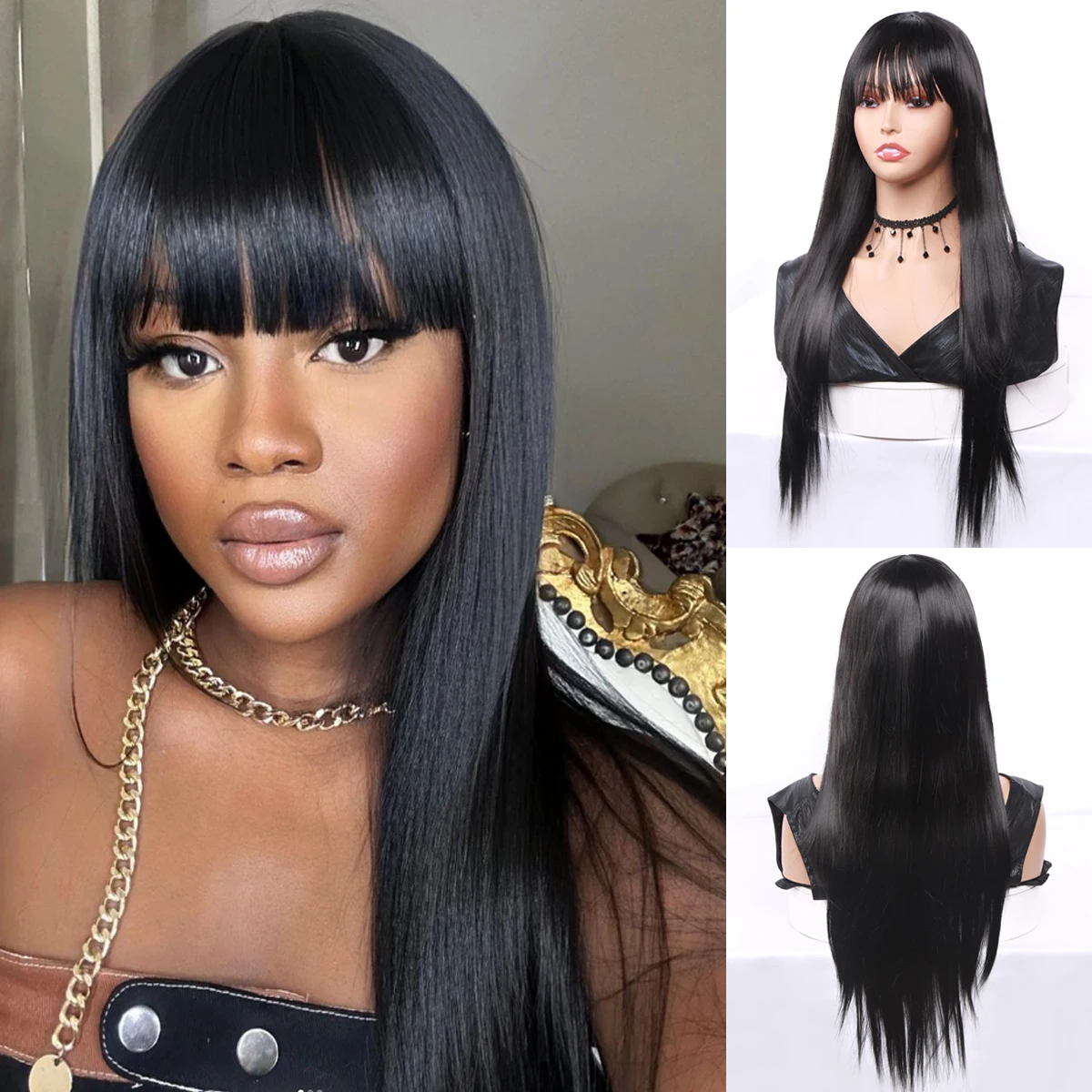 Amir Lara Long Straight Layered Wigs With Bangs Ombre Black Wig Heat Resistant Fiber Natural Synthetic Wig for Women Cosplay