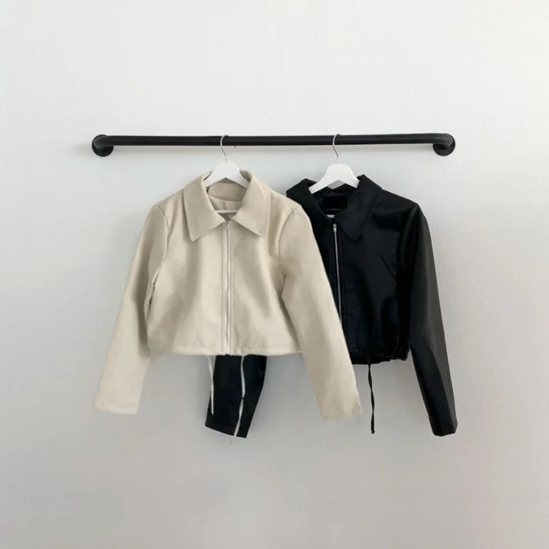 Cropped Leather Jacket for Women Fashion Lapel Zipper Biker Top Coats Casual Long Sleeve Faux Leather Ladies Jackets mujer