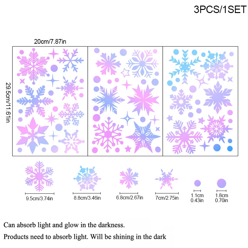 3Sheets Glow In The Dark Snowflake Window Stickers DIY Car Luminous PVC Decal Christmas Home Wall Decoration New Year Party Gift
