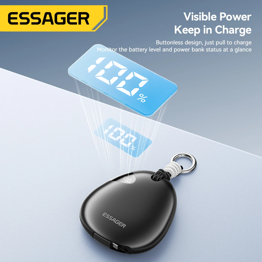 Essager 10000mAh Digital Display Power Bank with Retractable 22.5W Fast Charger Built in Lighting SOS for Outdoor iPhone Xiaomi