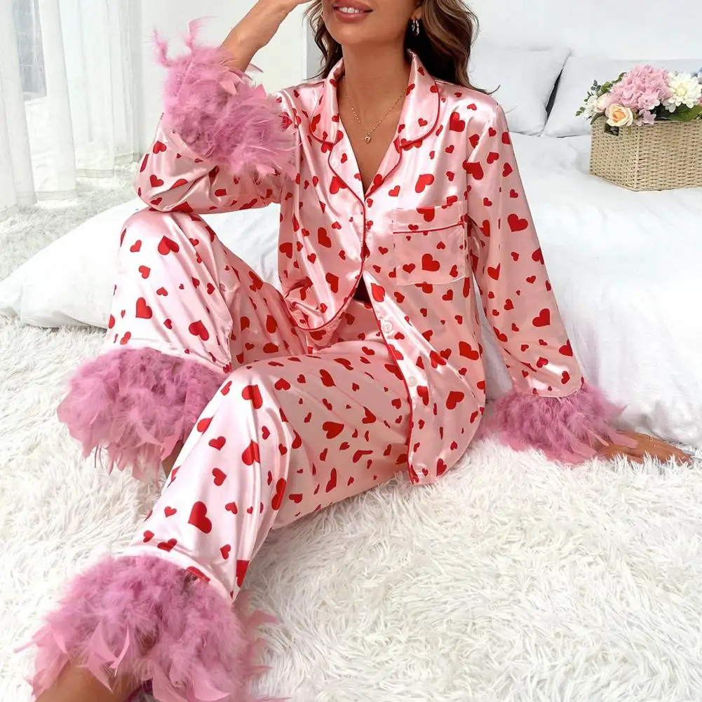 Women Soft Sleepwear Women's Heart Print Pajama Set with Fluffy Feather Decor Wide Leg Elastic Waist Spring Fall for Women