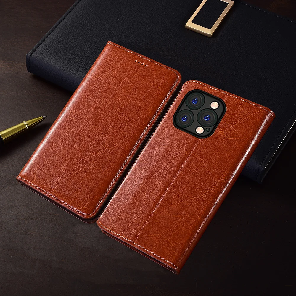 Premium Crazy Horse Genuine Leather Flip Phone Cover with Card Holder