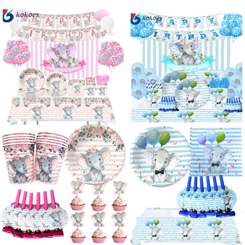 

Gender Reveal Disposable Tableware Sets Boy girl 1st Birthday Party Napkin Plate Cup Baby Shower Blue Elephant Party Supplies