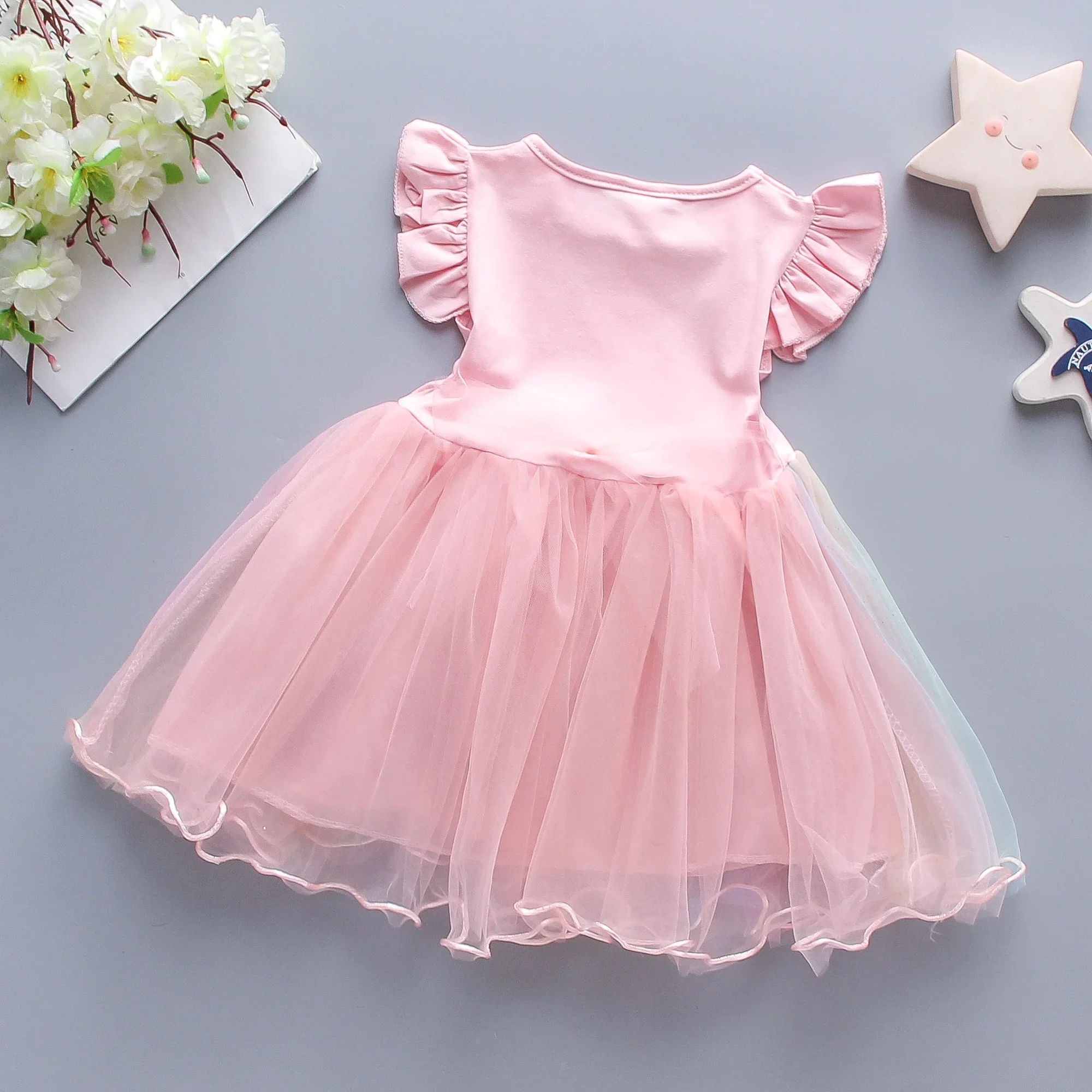 Girls Dress Summer Children Cartoon Cloud Little Horse Rainbow Gradient Mesh Sleeveless