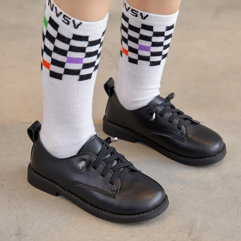 Children's Boys Leather Shoes New Black Lace-up Britain Style Simple UK Uniform School Shoes Flat Kids Fashion Casual