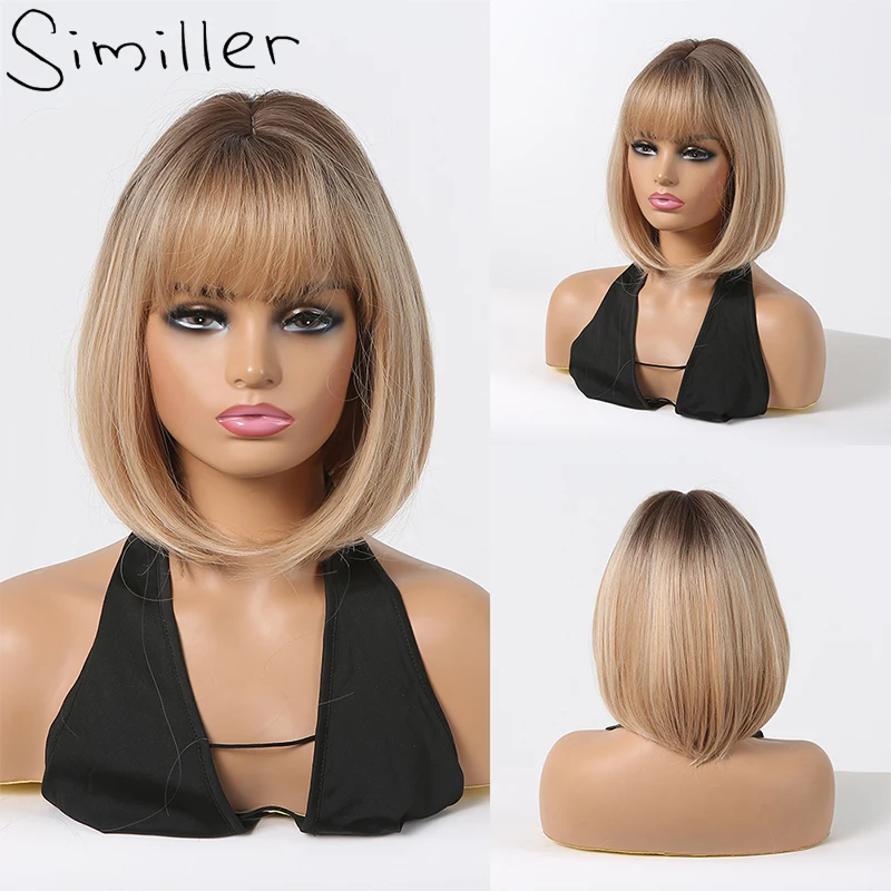 

Similler Short Blonde Highlights Bob Wigs for Women Straight Synthetic Hair Wig with Bangs Heat Resistance