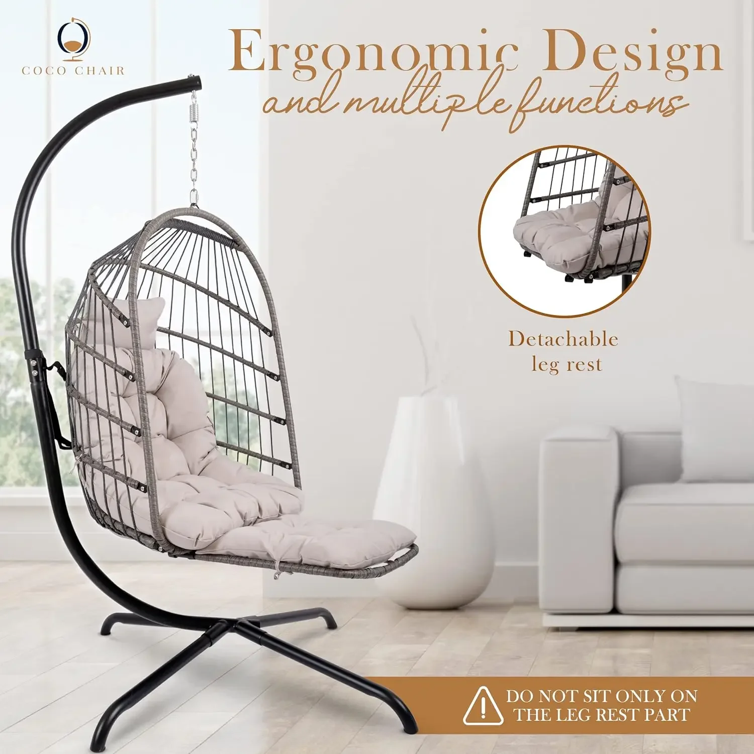 NEW-Hanging Egg Chair with Stand & Leg Rest | Gray Egg Chair Outdoor with Included Pillow | Swinging Chair for Outdoor and Indoo