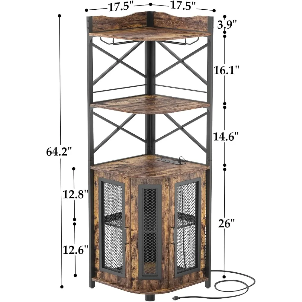 Corner Bar Cabinet with Power Outlet, Industrial Wine Cabinet with LED Strip and Glass Holder, 5-Tiers Liquor Bar Unit