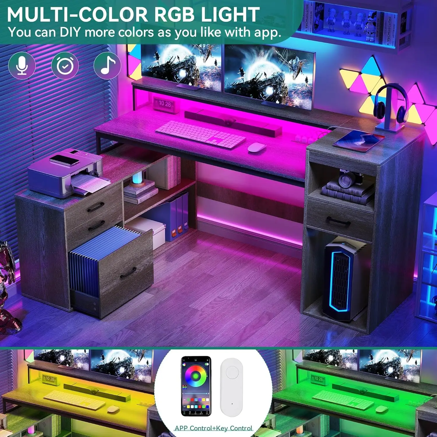 Farmhouse L Shaped Desk with Drawers 59" Corner Computer Desk with Power Outlets LED Lights Wood L-Shaped Desk with File Cabinet