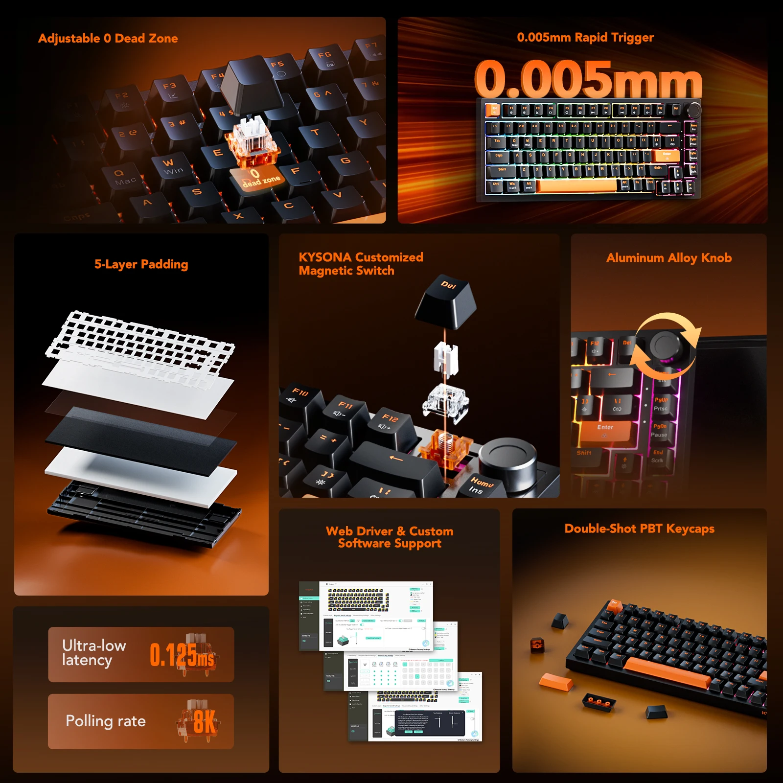 KYSONA KM82 HE 유선 게이밍 키보드 마그네틱 스위치 75% 82키 8000Hz 폴링 레이트 PBT 초정밀 0.005mm RGB 게이머용