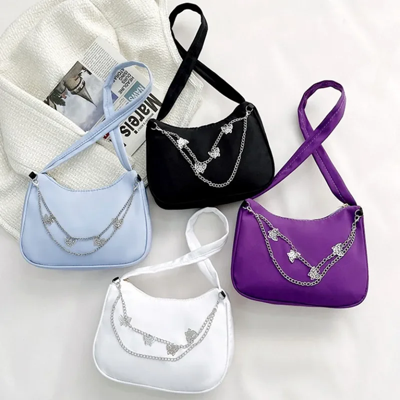 

Fashion Women PU Leather Small Shoulder Underarm Totes Bag Ladies Vintage Butterfly Chain Pure Color Zipper Mini Purse Handbag